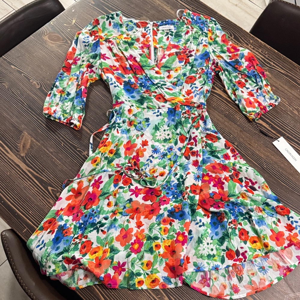 NWT Calvin Klein Floral Wrap Dress with 3/4 Sleeves size 12